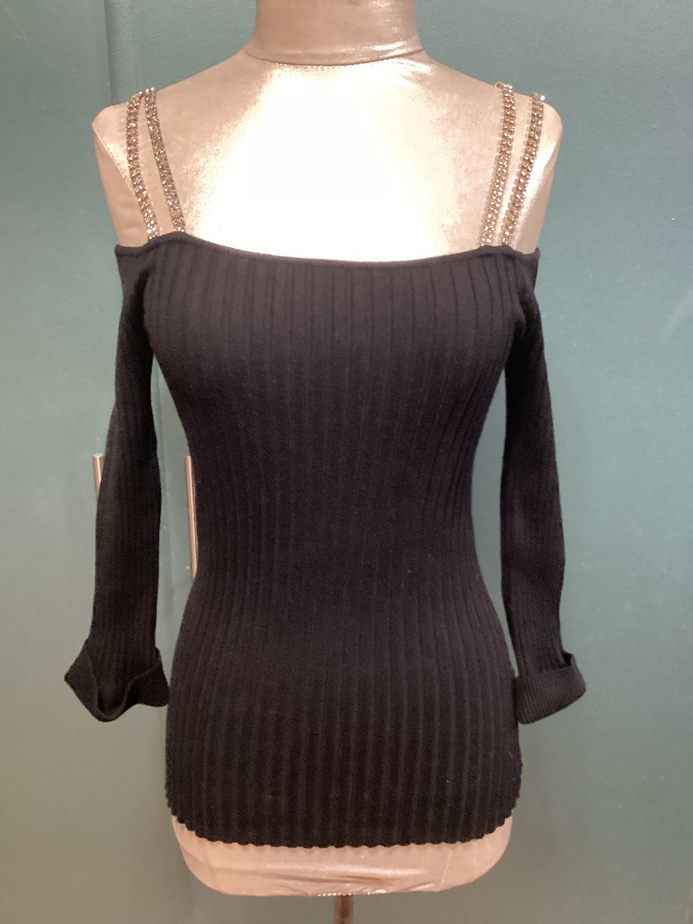Sexy ribbed rhinestone strap sweater